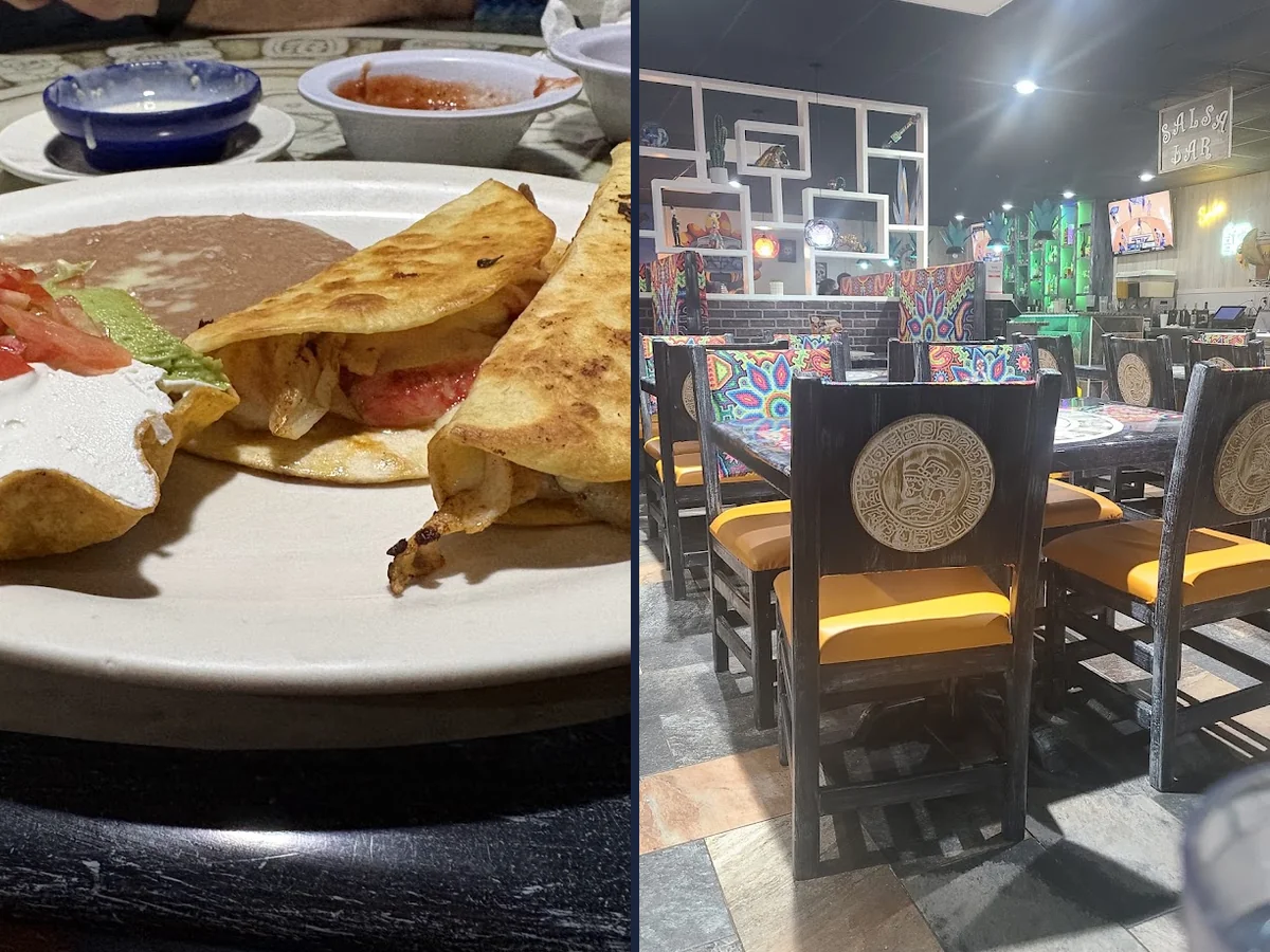 Colorful Tex-Mex plates on a casual table.