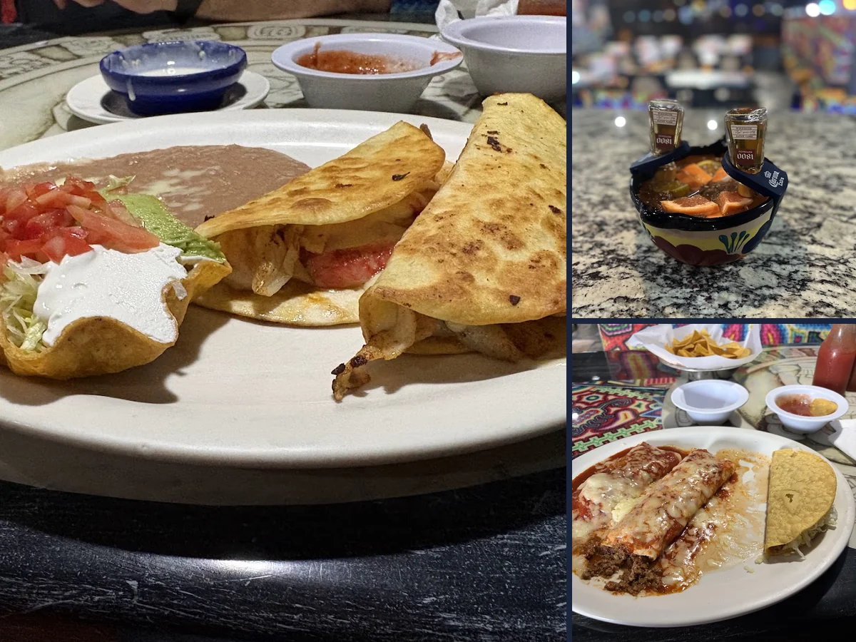 Colorful Tex-Mex plates on a casual table.